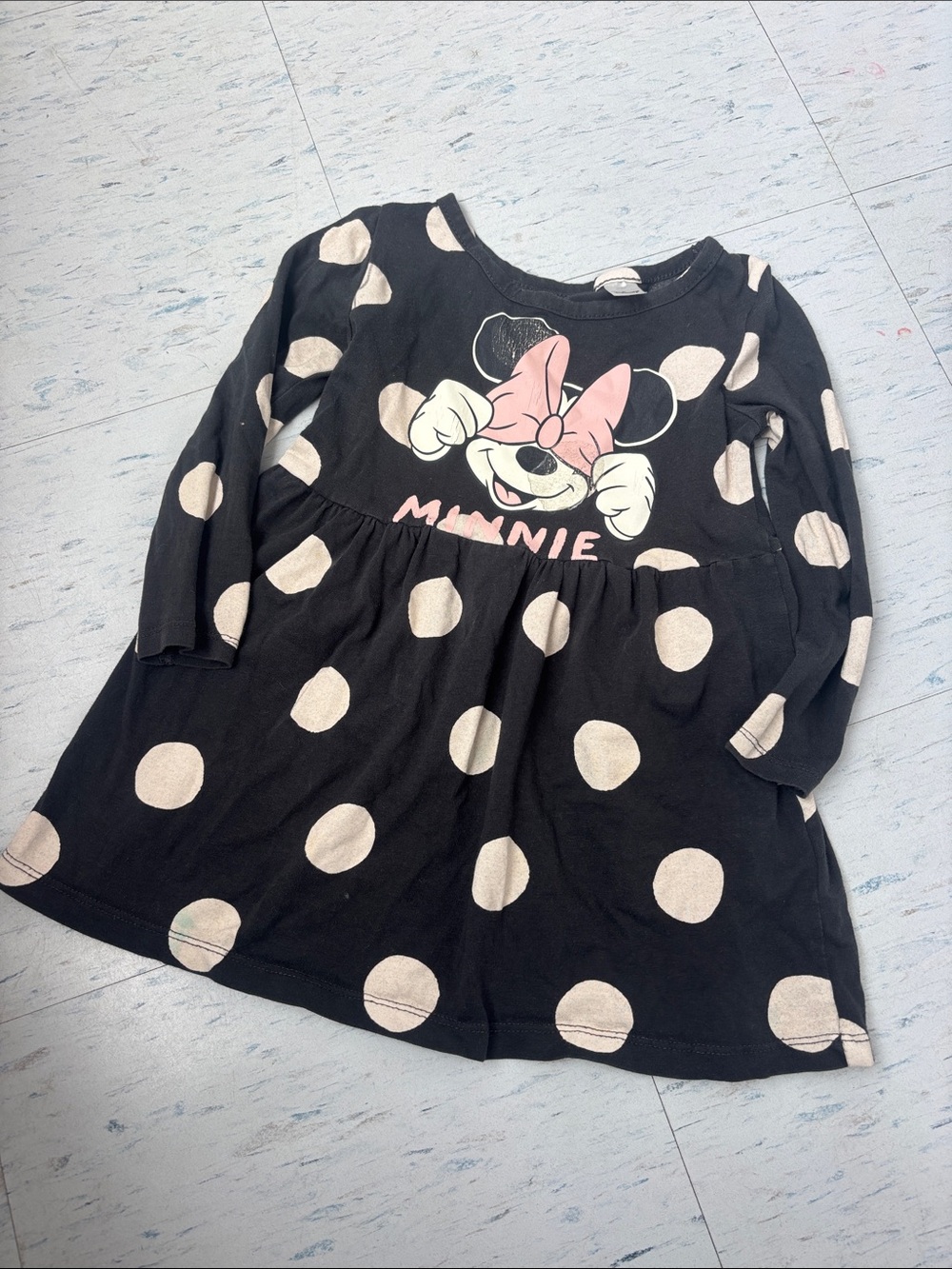 H&M Black Long-Sleeve Minnie Mouse Polka Dot dress with Pink Bow